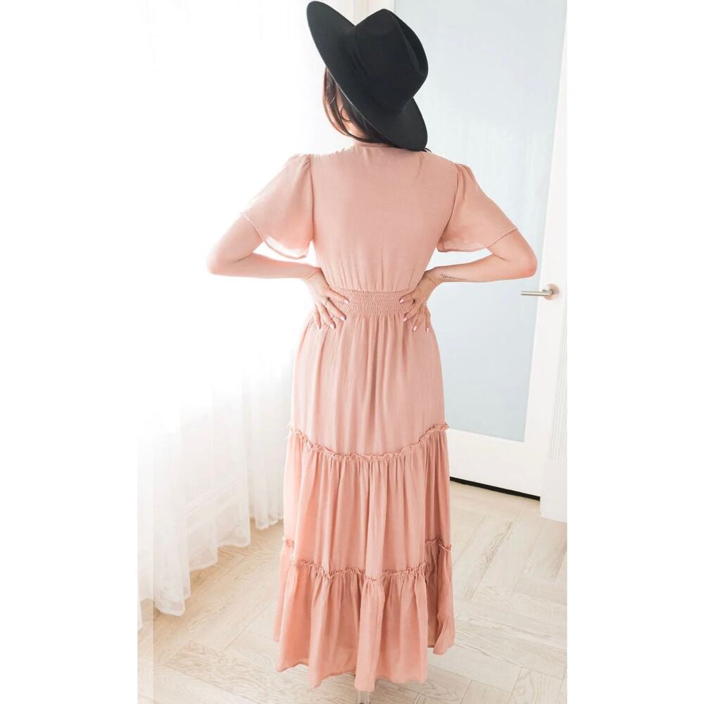 Mikarose Apricot Flutter Sleeve Boho Whimsical Tiered V-Neck Maxi Dress Sz L NWT - Picture 7 of 12